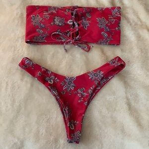 Red floral strapless bikini set | ZAFUL